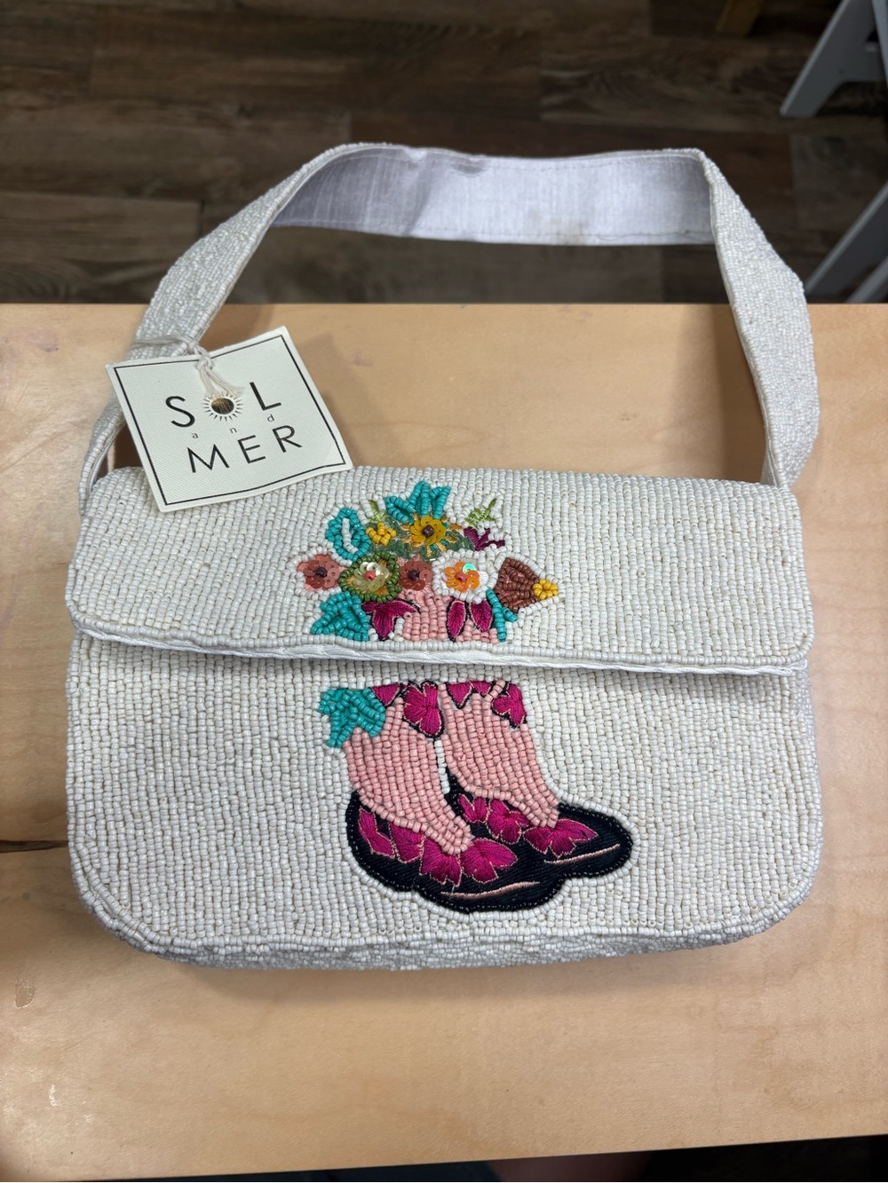 Sol & Mer Ivory Beaded Floral Western-Accent Shoulder Bag